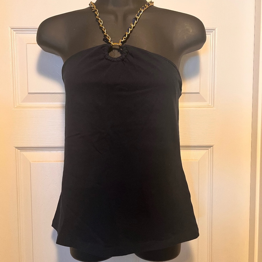 Jones New York Signature Womens Halter Top L Stretchy Keyhole Front w/gold chain